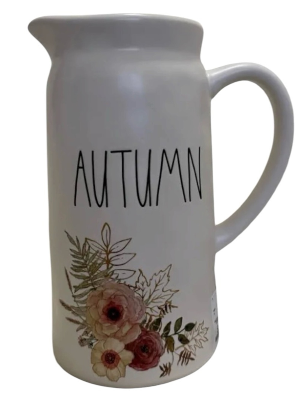 Rae Dunn White Ceramic AUTUMN Pitcher with Pink Floral Accents